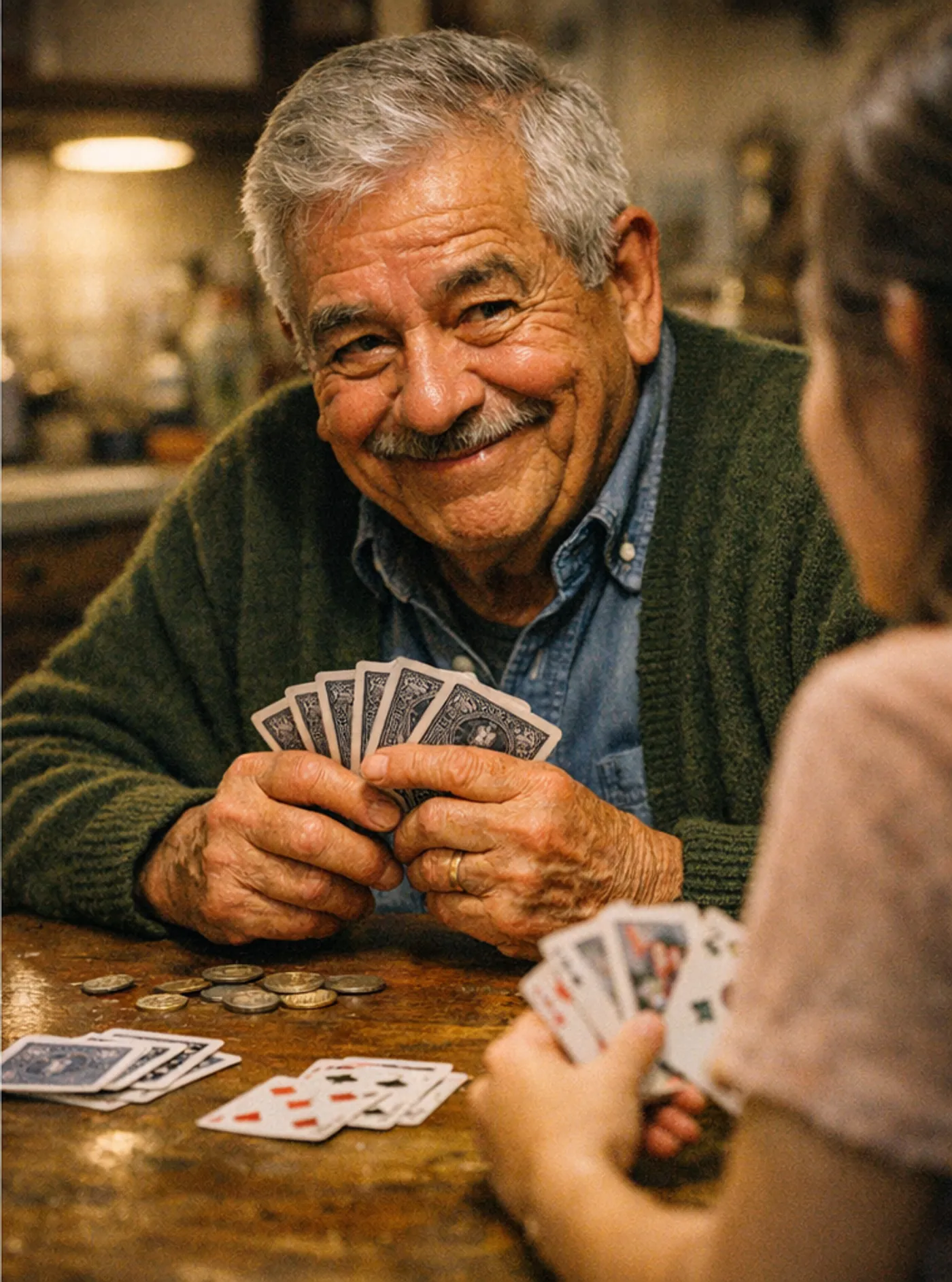 Ray smiling over a winning hand of cards at the kitchen table